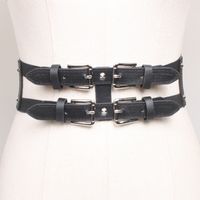 2022 New Women's Elastic Skirt Decorative Double Row Wide Belt Black sku image 1