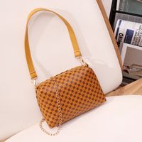 Plaid Retro Style Artificial Leather Printing Zipper Cylinder Type White Coffee Light Brown Shoulder Bags sku image 3