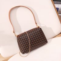 Plaid Retro Style Artificial Leather Printing Zipper Cylinder Type White Coffee Light Brown Shoulder Bags sku image 2