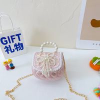 Solid Color Fashion Daily Cotton And Linen Pearl Bow Magnetic Snap Square Bow Purple Bow White Bow Rose Red Shoulder Bags sku image 9