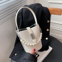 Fashion Solid Color Metal Button Chain Buckle Bucket Bag Artificial Leather Handbags main image 1