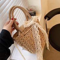 Women's Straw Solid Color Vacation Fashion Pearl Bowknot Bucket Shape Zipper Handbag Crossbody Bag main image 6