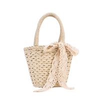 Women's Straw Solid Color Vacation Fashion Pearl Bowknot Bucket Shape Zipper Handbag Crossbody Bag main image 5