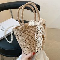 Women's Straw Solid Color Vacation Fashion Pearl Bowknot Bucket Shape Zipper Handbag Crossbody Bag main image 3