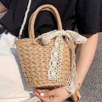 Women's Straw Solid Color Vacation Fashion Pearl Bowknot Bucket Shape Zipper Handbag Crossbody Bag sku image 2