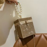 Solid Color Fashion Shopping Light Diamond Pearl Flip Square Box Shape Black Gold Silver Shoulder Bags main image 5