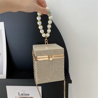 Solid Color Fashion Shopping Light Diamond Pearl Flip Square Box Shape Black Gold Silver Shoulder Bags main image 6