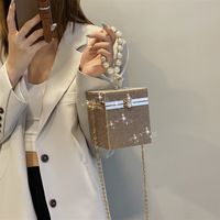 Solid Color Fashion Shopping Light Diamond Pearl Flip Square Box Shape Black Gold Silver Shoulder Bags main image 2