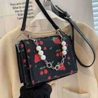 Women's Elegant Fashion Fruit Printing Pearls Square Flip Cover Shoulder Bag Square Bag Artificial Leather Handbags sku image 2