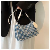 Solid Color Fashion Shopping Denim Plaid Zipper Square Black Blue Shoulder Bags main image 4