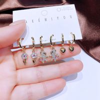 Yakemiyou Cute Fashion Cartoon Character Heart Shape Flowers Copper Inlaid Zircon Zircon Earrings 6 Pieces main image 4