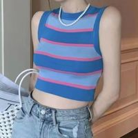Fashion Stripe Knitted Fabric Round Neck Wrap Crop Top T-shirts main image 5