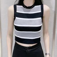 Fashion Stripe Knitted Fabric Round Neck Wrap Crop Top T-shirts main image 3