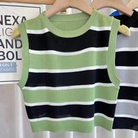 Fashion Stripe Knitted Fabric Round Neck Wrap Crop Top T-shirts main image 4