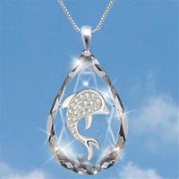 Damen Mode Wasser Tropfen Dolphin Glas Anhänger Halskette Inlay Strass Glas Halsketten main image 2