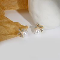 Women's Sweet Bow Knot Alloy Rhinestones Earrings Pearl Metal Diamond Stud Earrings main image 3