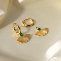 French New Retro Round Green Zircon Fan-shaped Eardrops Earrings 14k Gold Stainless Steel Ear Ring Women 's Earrings main image 1