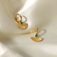 French New Retro Round Green Zircon Fan-shaped Eardrops Earrings 14k Gold Stainless Steel Ear Ring Women 's Earrings main image 2