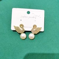 Women's Fashion Swan Alloy Ear Studs Plating Artificial Pearls Rhinestone Earrings main image 3