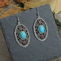 Vintage Style Oval Flower Alloy Hollow Out Turquoise Earrings main image 6