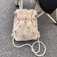 Women's Fashion Solid Color Pearl Embroidery Soft Surface Bucket Drawstring Buckle Bucket Bag Straw Shoulder Bags sku image 1