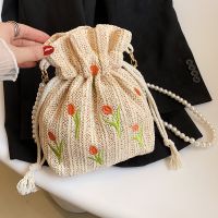 Women's Fashion Solid Color Pearl Embroidery Soft Surface Bucket Drawstring Buckle Bucket Bag Straw Shoulder Bags main image 5