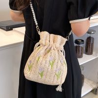 Women's Fashion Solid Color Pearl Embroidery Soft Surface Bucket Drawstring Buckle Bucket Bag Straw Shoulder Bags main image 4