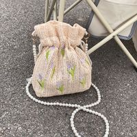 Women's Fashion Solid Color Pearl Embroidery Soft Surface Bucket Drawstring Buckle Bucket Bag Straw Shoulder Bags sku image 2