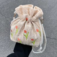 Women's Fashion Solid Color Pearl Embroidery Soft Surface Bucket Drawstring Buckle Bucket Bag Straw Shoulder Bags main image 1