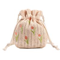 Women's Fashion Solid Color Pearl Embroidery Soft Surface Bucket Drawstring Buckle Bucket Bag Straw Shoulder Bags main image 2