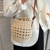 Women's Medium Straw Solid Color Fashion Contrasting Colors Weave Soft Surface Bucket String Bucket Bag sku image 1
