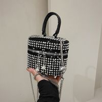 Women's Fashion Solid Color With Drill Pearl Chain Square Zipper Square Bag Pu Leather Shoulder Bags sku image 1
