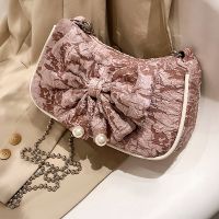 Women's Canvas Solid Color Bowknot Pleated Chain Zipper Crossbody Bag sku image 3
