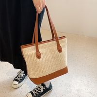 Women's Vacation Fashion Color Block Zipper Shoulder Bag Tote Bag Pu Leather Straw Shoulder Bags main image 4