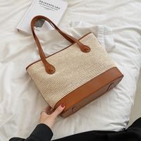 Women's Vacation Fashion Color Block Zipper Shoulder Bag Tote Bag Pu Leather Straw Shoulder Bags sku image 2