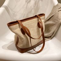 Women's Vacation Fashion Color Block Zipper Shoulder Bag Tote Bag Pu Leather Straw Shoulder Bags main image 2