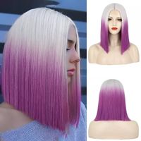 Short Blue Hair Purple Hair Cosplay Wig For Black Women Straight Hair Mid Section Natural Blue Purple Wig Heat Resistant Synthetic Wig sku image 1