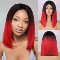 Short Red Hair Green Hair Cosplay Wig For Black Women Straight Hair Mid Section Natural Red Green Wig Heat Resistant Synthetic Wig sku image 1