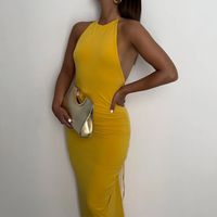 Sexy Solid Color Halter Neck Sleeveless Elastic Drawstring Design Backless Polyester Dresses Bodycon Dress main image 4