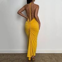 Sexy Solid Color Halter Neck Sleeveless Elastic Drawstring Design Backless Polyester Dresses Bodycon Dress sku image 5