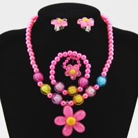 Children's Resin Necklace Bracelet 4 Pcs Set Rings Ear Studs Girls' Plastic Flower-shaped Set Wholesale sku image 1