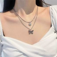 Fashion Silvery Adjustable Double Layer Pendant Heart Butterfly Alloy Necklace main image 5