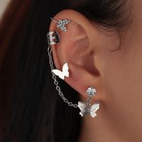 Simple Glossy Butterfly Sliver Alloy Stud Earrings Hollow Chain Ear Clip 3 Piece Set sku image 1