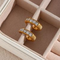 Fashion Inlaid Zirconium Jewelry Stainless Steel Plated 18k Gold Half Ring Square Diamond Earring main image 5
