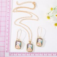 New Cute Style Cat Oil Painting Square Pendant Earrings main image 3