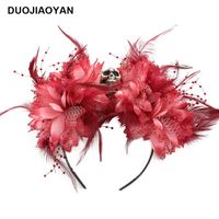 New Red Fabric Flower Feather With Skull Plastic Headband Halloween Headdress Factory Direct Sales sku image 2