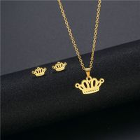 Fashion Simple Crown Pendant Stainless Steel Necklace Earrings Set sku image 2