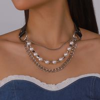 Fashion Solid Color Pu Leather Imitation Pearl Alloy Layered Chain Necklace main image 1