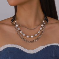 Fashion Solid Color Pu Leather Imitation Pearl Alloy Layered Chain Necklace main image 6