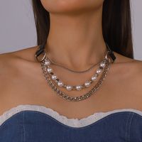 Fashion Solid Color Pu Leather Imitation Pearl Alloy Layered Chain Necklace main image 2
